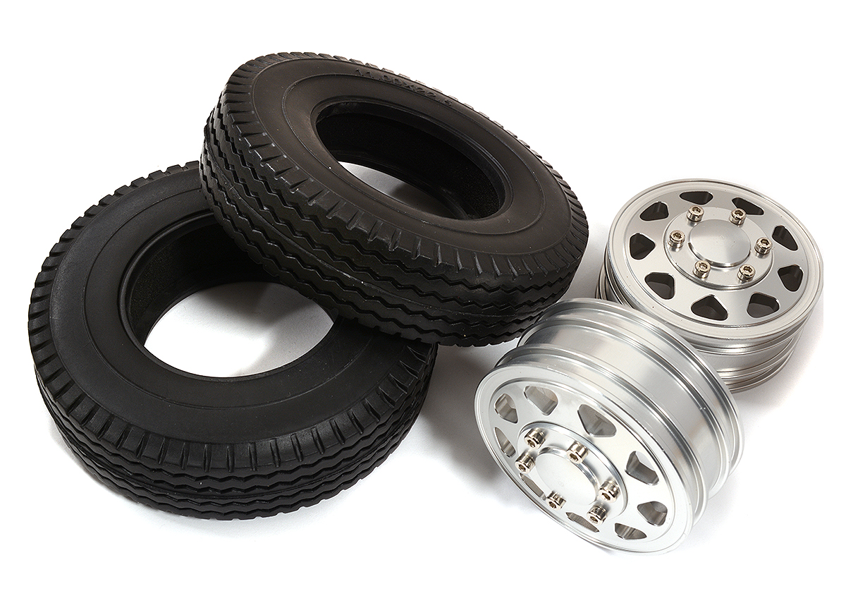 C31146 Machined Alloy Front Wheel & Tire (2) Set for Tamiya 1/14 Scale Trucks W=20mm - Image 1