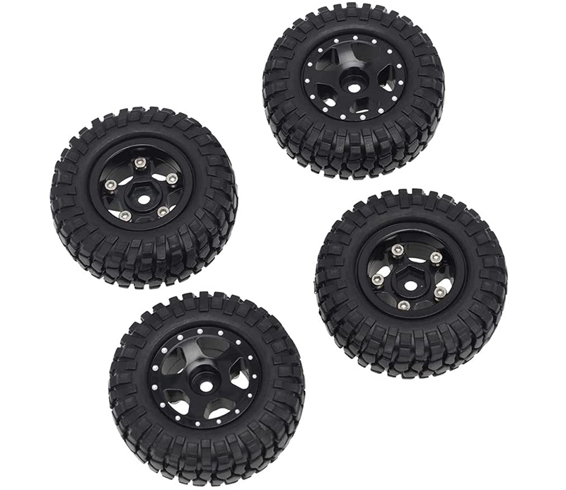 C31213BLACK Alloy Machined Wheels (4) w/ Rubber Tires for Axial 1/24 SCX24 Rock Crawler - Image 1
