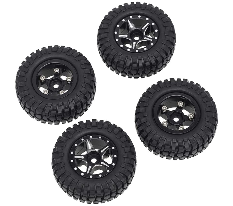 C31214BLACK Alloy Machined Wheels (4) w/ Rubber Tires for Axial 1/24 SCX24 Rock Crawler - Image 1