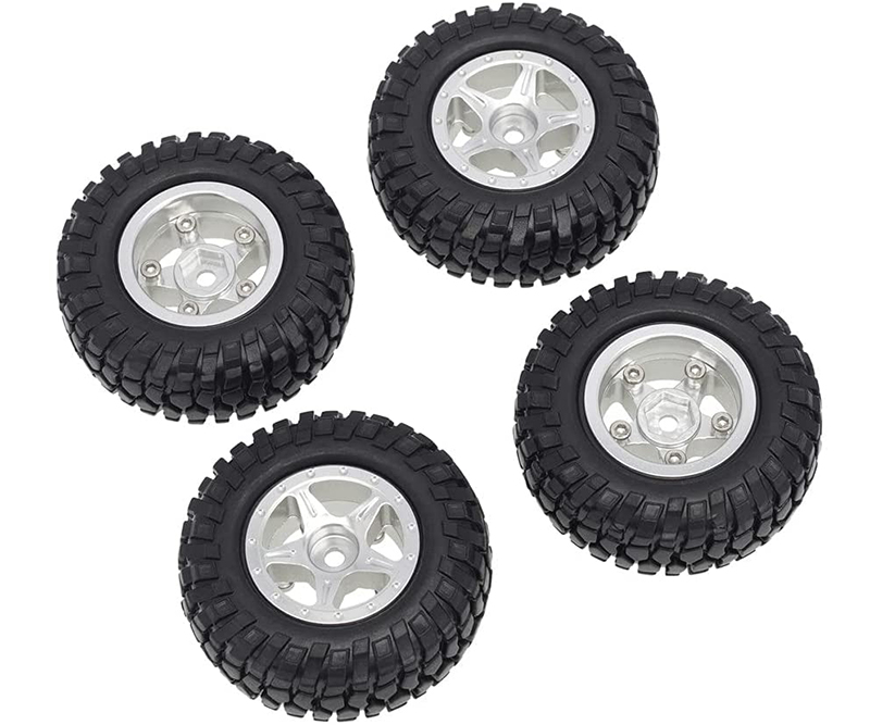 C31214SILVER Alloy Machined Wheels (4) w/ Rubber Tires for Axial 1/24 SCX24 Rock Crawler - Image 1