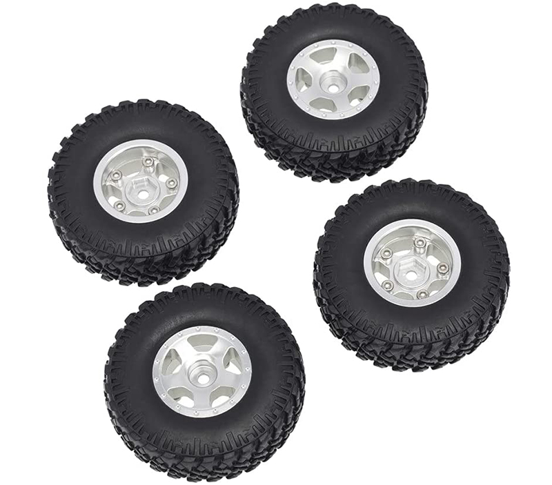 C31215SILVER Alloy Machined Wheels (4) w/ Rubber Tires for Axial 1/24 SCX24 Rock Crawler - Image 1