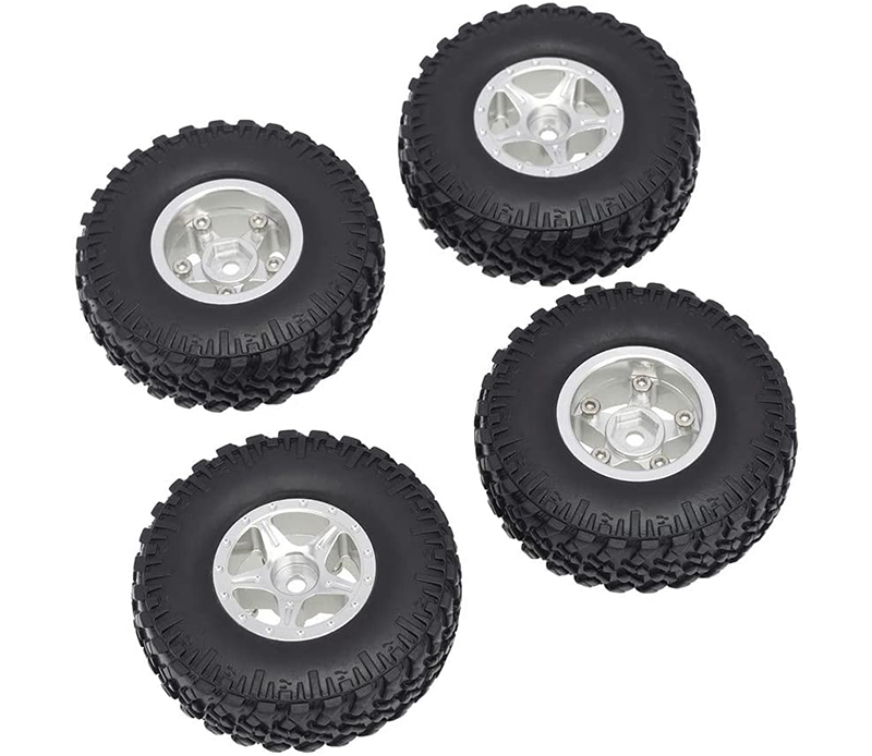 C31216SILVER Alloy Machined Wheels (4) w/ Rubber Tires for Axial 1/24 SCX24 Rock Crawler - Image 1