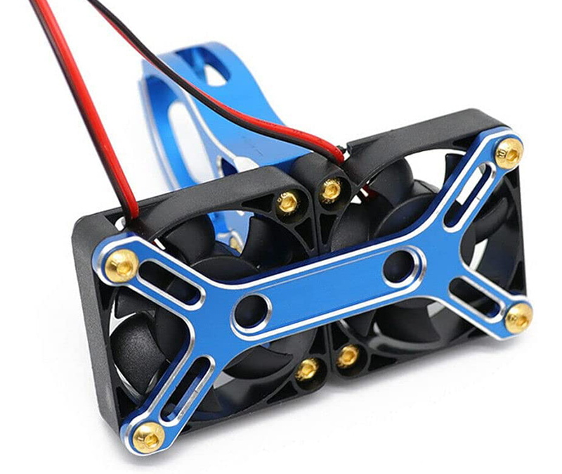 C31247BLUE Alloy Mount + 40x40mm Twin Cooling Fan for X-Maxx, Arrma 1/5 & Motor 48-57mm OD - Image 1