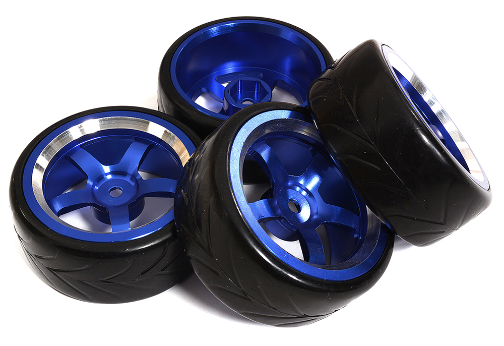 C31345BLUE 5 Spoke Wheel & Tire Set (4) for Drift Racing (O.D.=62mm) W=26mm Offset 3.5mm - Image 1