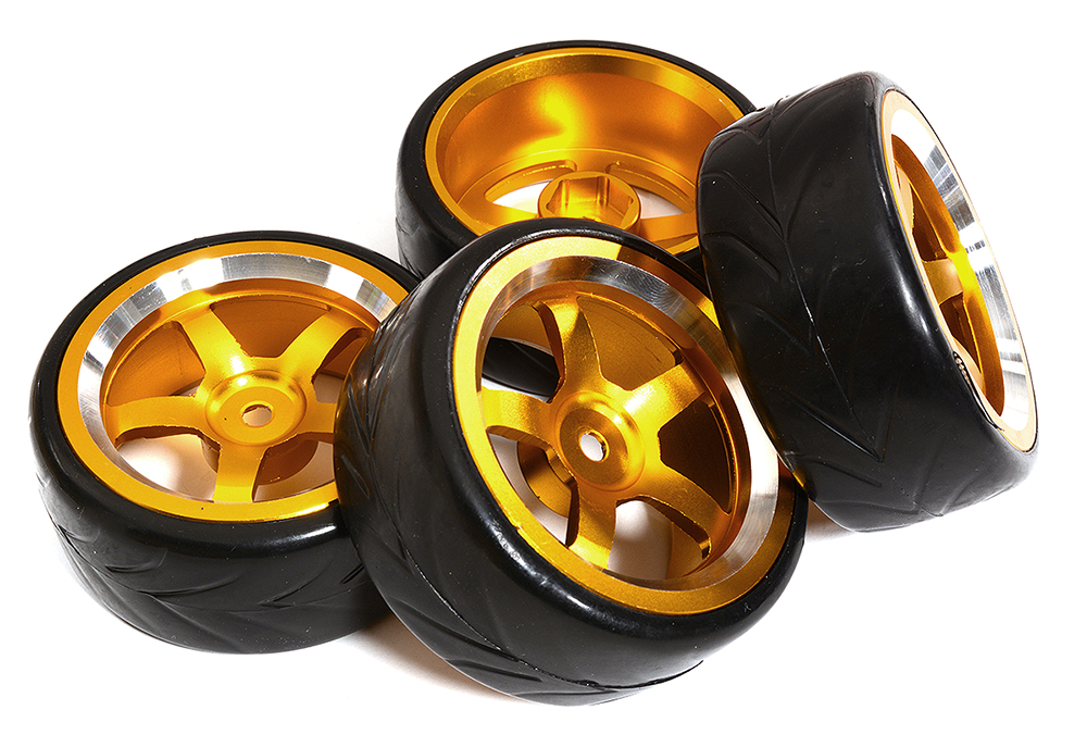 C31345GOLD 5 Spoke Wheel & Tire Set (4) for Drift Racing (O.D.=62mm) W=26mm Offset 3.5mm - Image 1
