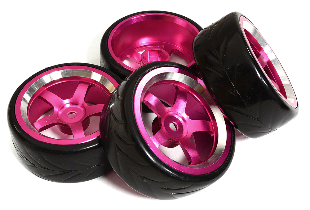 C31345PINK 5 Spoke Wheel & Tire Set (4) for Drift Racing (O.D.=62mm) W=26mm Offset 3.5mm - Image 1
