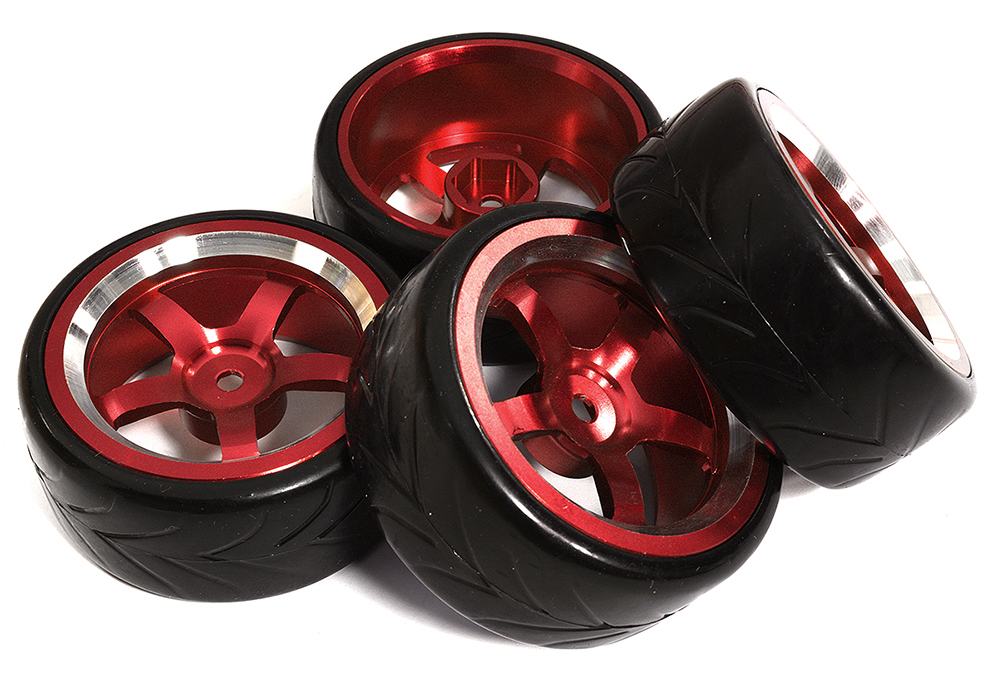 C31345RED 5 Spoke Wheel & Tire Set (4) for Drift Racing (O.D.=62mm) W=26mm Offset 3.5mm - Image 1