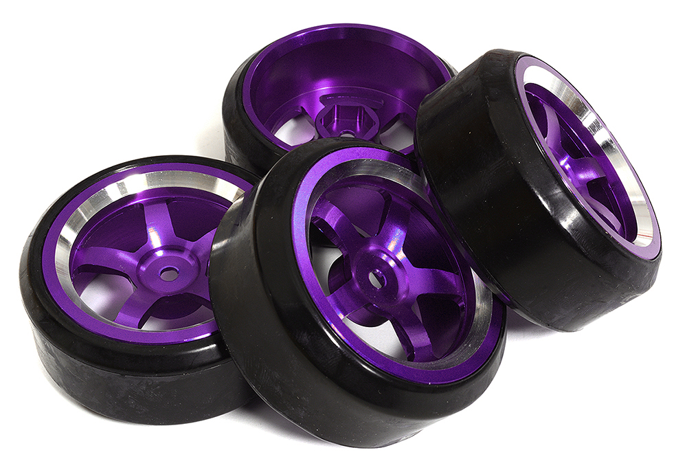 C31346PURPLE 5 Spoke Wheel & Tire Set (4) for Drift Racing (O.D.=62mm) W=26mm Offset 3.5mm - Image 1