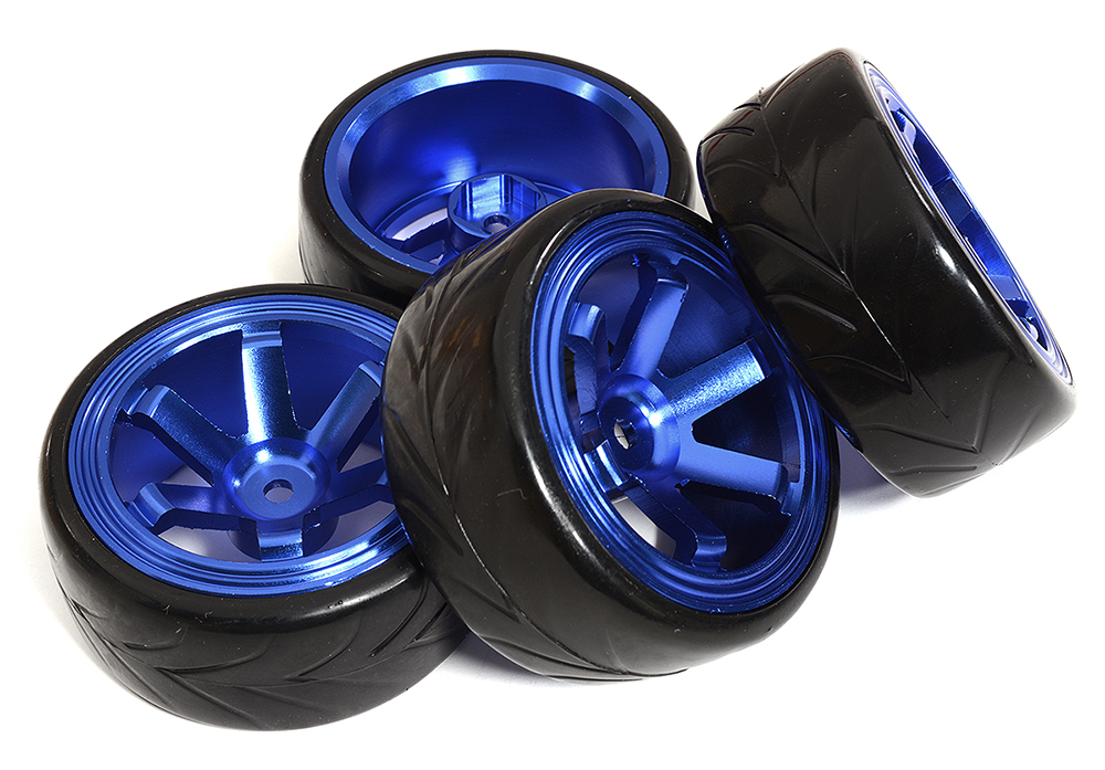 C31347BLUE 6 Spoke Wheel & Tire Set (4) for Drift Racing (O.D.=62mm) W=26mm Offset 6.5mm - Image 1