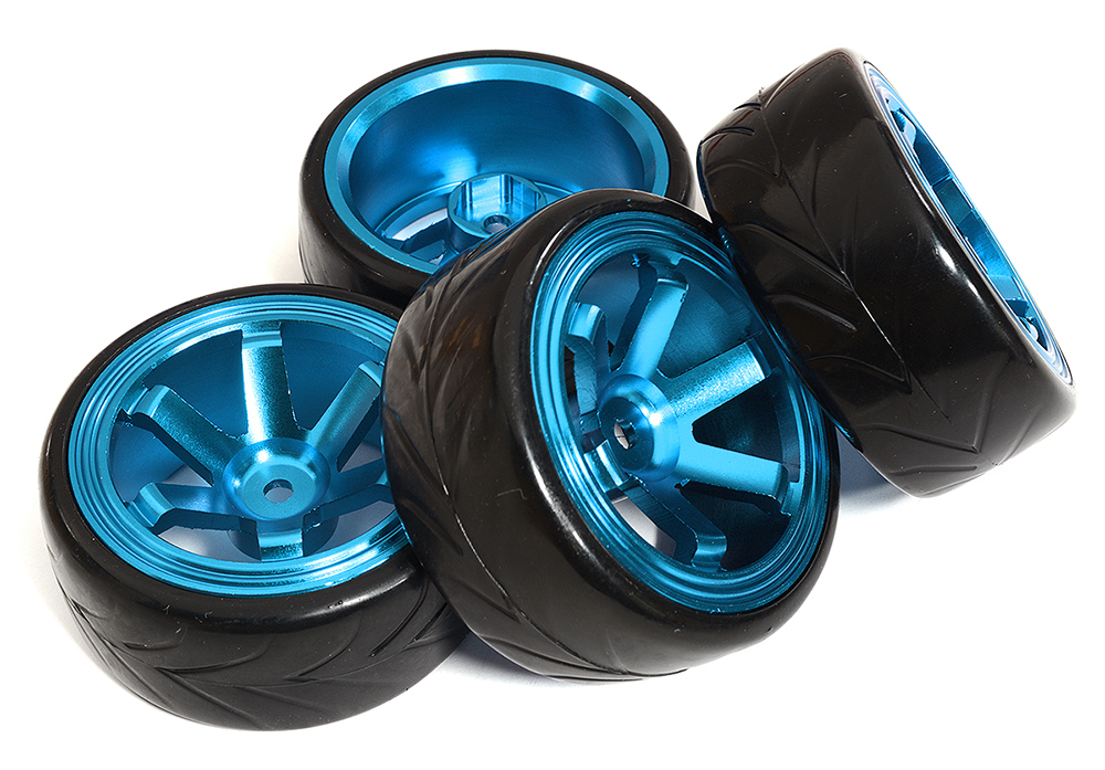 C31347LIGHTBLUE 6 Spoke Wheel & Tire Set (4) for Drift Racing (O.D.=62mm) W=26mm Offset 6.5mm - Image 1