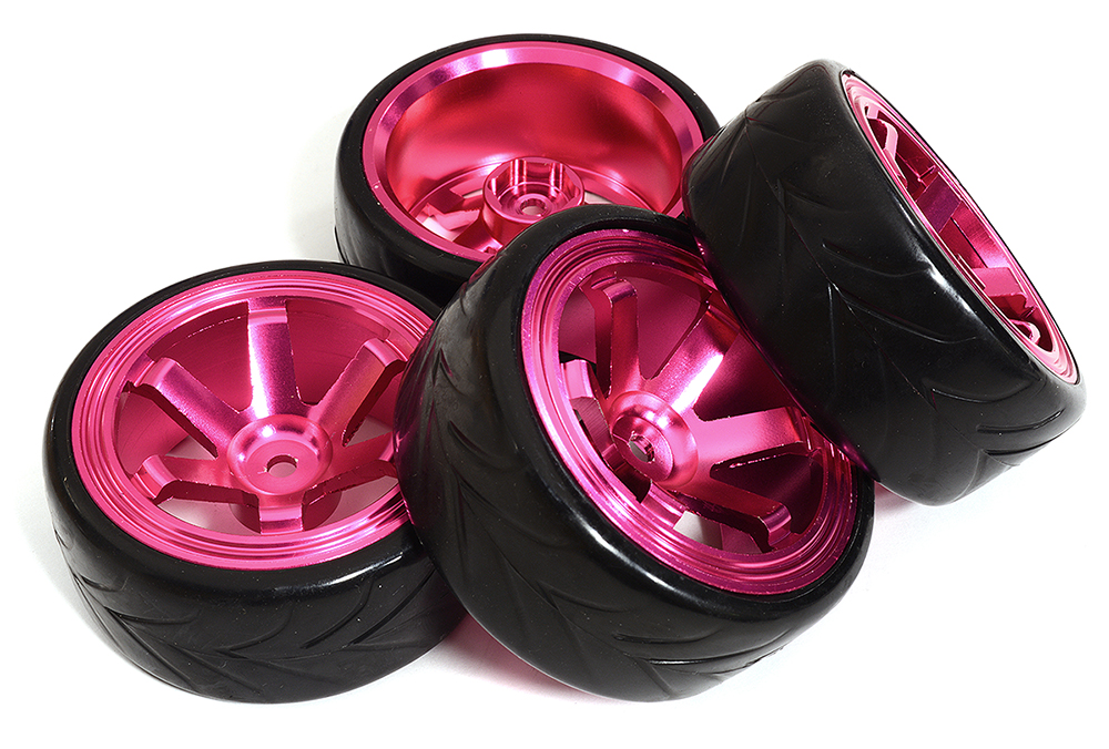 C31347PINK 6 Spoke Wheel & Tire Set (4) for Drift Racing (O.D.=62mm) W=26mm Offset 6.5mm - Image 1