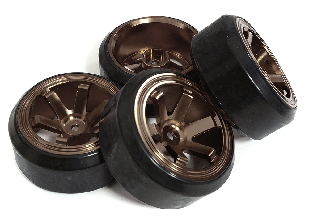 C31348BROWN 6 Spoke Wheel & Tire Set (4) for Drift Racing (O.D.=62mm) W=26mm Offset 6.5mm - Image 1