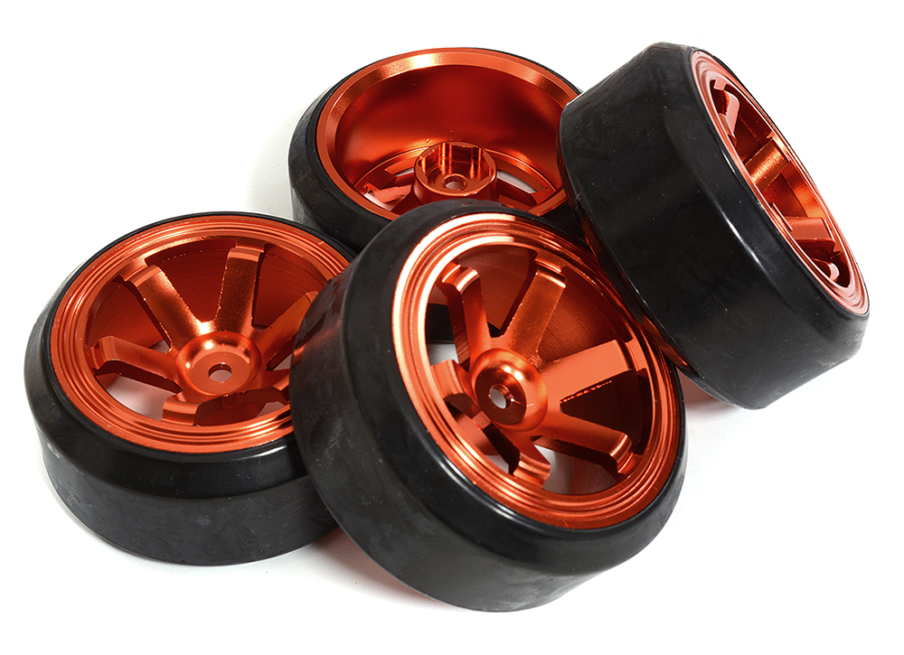 C31348RED 6 Spoke Wheel & Tire Set (4) for Drift Racing (O.D.=62mm) W=26mm Offset 6.5mm - Image 1