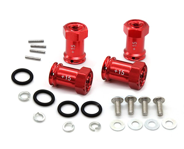 C31502RED Red Alloy Machined Hex Wheel Adapters +15mm Offset for 1/16 RC Cars - Image 1