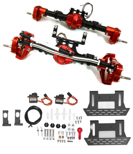 1/10 Scale Black Red Crawler Axles with Portals, Servos & Remote Diff Locks