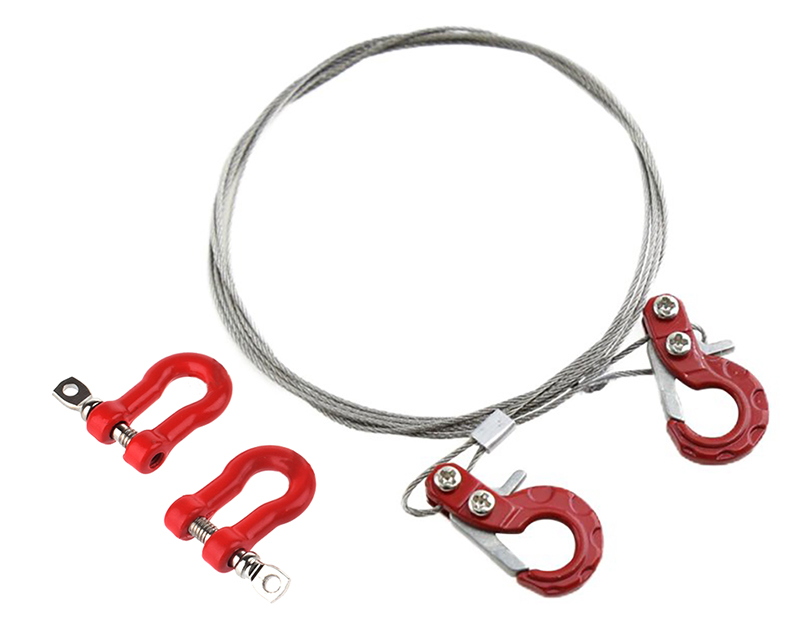 C31761RED Realistic Steel Tow Cable & Tow Hooks w/ Bow Shackles for 1/10 Off-Road Crawler - Image 1