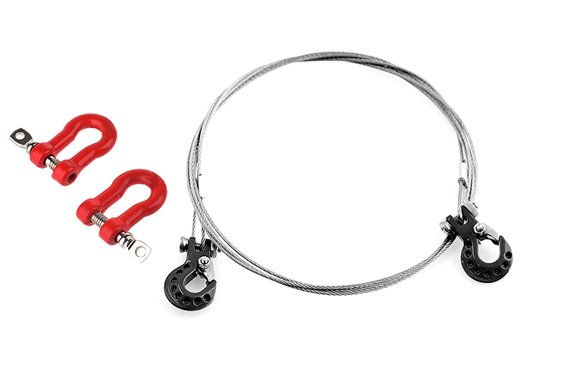 C31762BLACK Realistic Steel Tow Cable & Tow Hooks w/ Bow Shackles for 1/10 Off-Road Crawler - Image 1