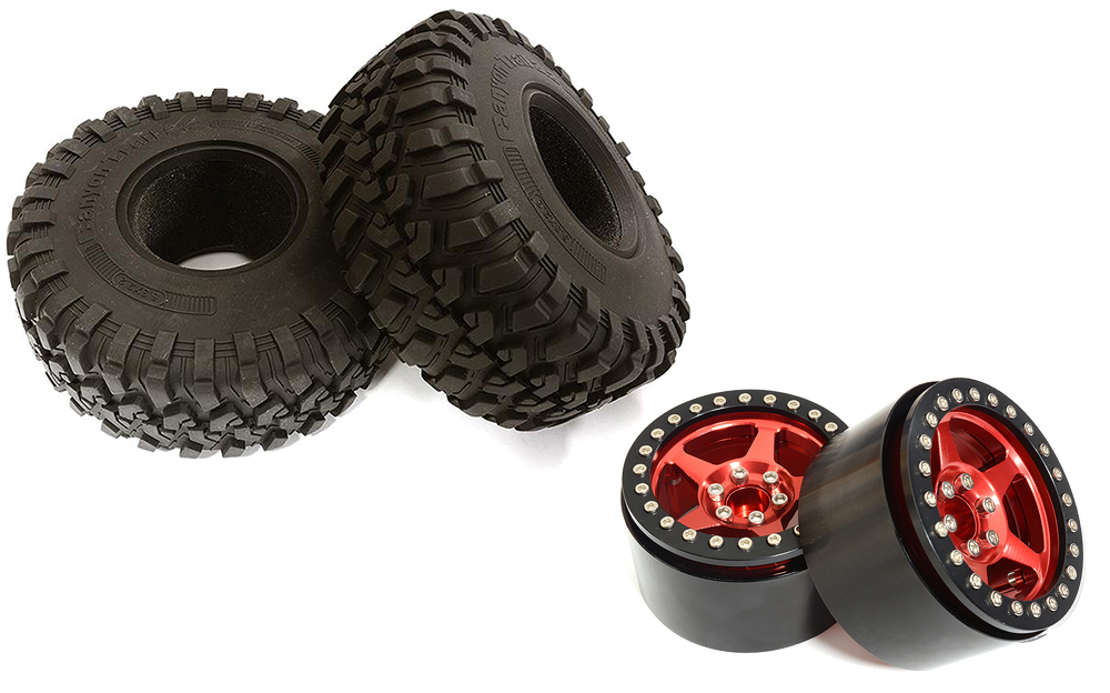 C31801RED 2.2 Size Alloy 5 Spoke Wheels (2) w/ Tires for 1/10 Scale Crawler O.D.=132mm - Image 1