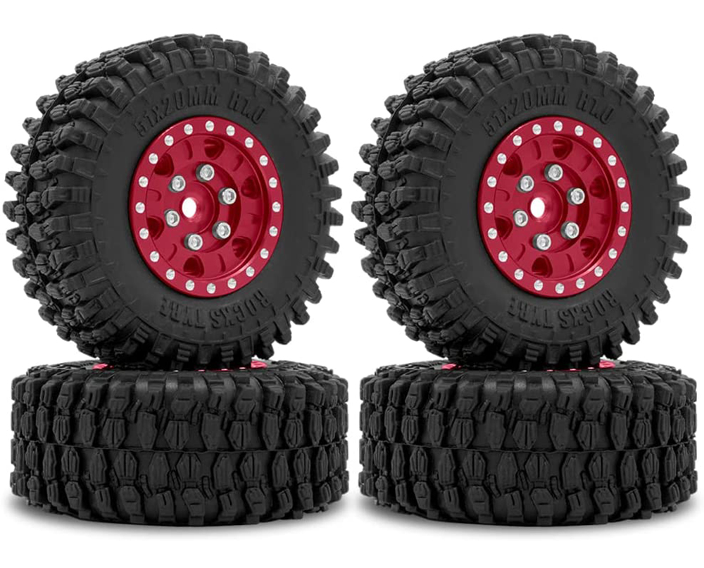 C32191RED Alloy Machined Wheels (4) w/ Rubber Tires for Axial 1/24 SCX24 O.D.=51mm - Image 1