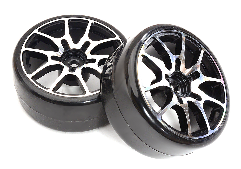 C32833BLACK Alloy Machined 10 Spoke Wheel & Tire Set (2) for 1/10 Drift W=26mm Offset 3.5mm - Image 1