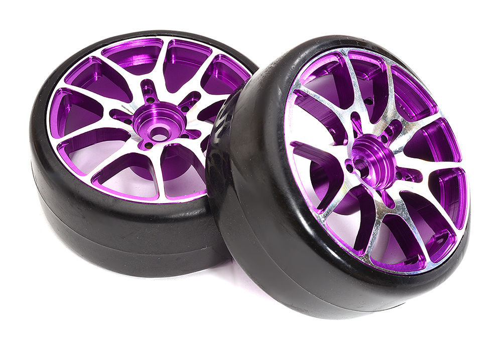 C32833PURPLE Alloy Machined 10 Spoke Wheel & Tire Set (2) for 1/10 Drift W=26mm Offset 3.5mm - Image 1