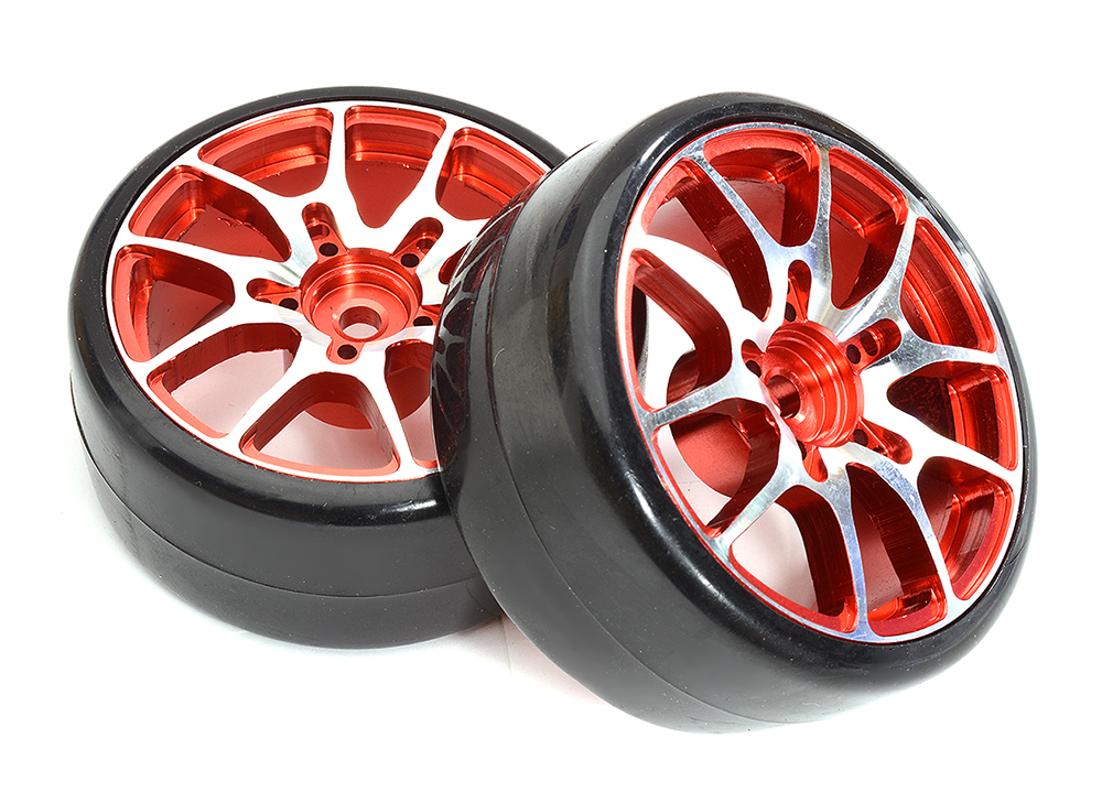 C32833RED Alloy Machined 10 Spoke Wheel & Tire Set (2) for 1/10 Drift W=26mm Offset 3.5mm - Image 1