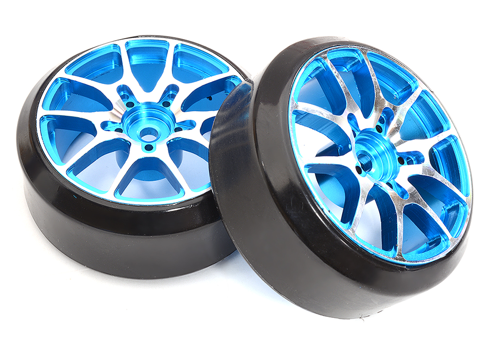 C32834BLUE Alloy Machined 10-Spoke Wheel & Tire Set (2) for 1/10 Drift W=26mm Offset 3.5mm - Image 1