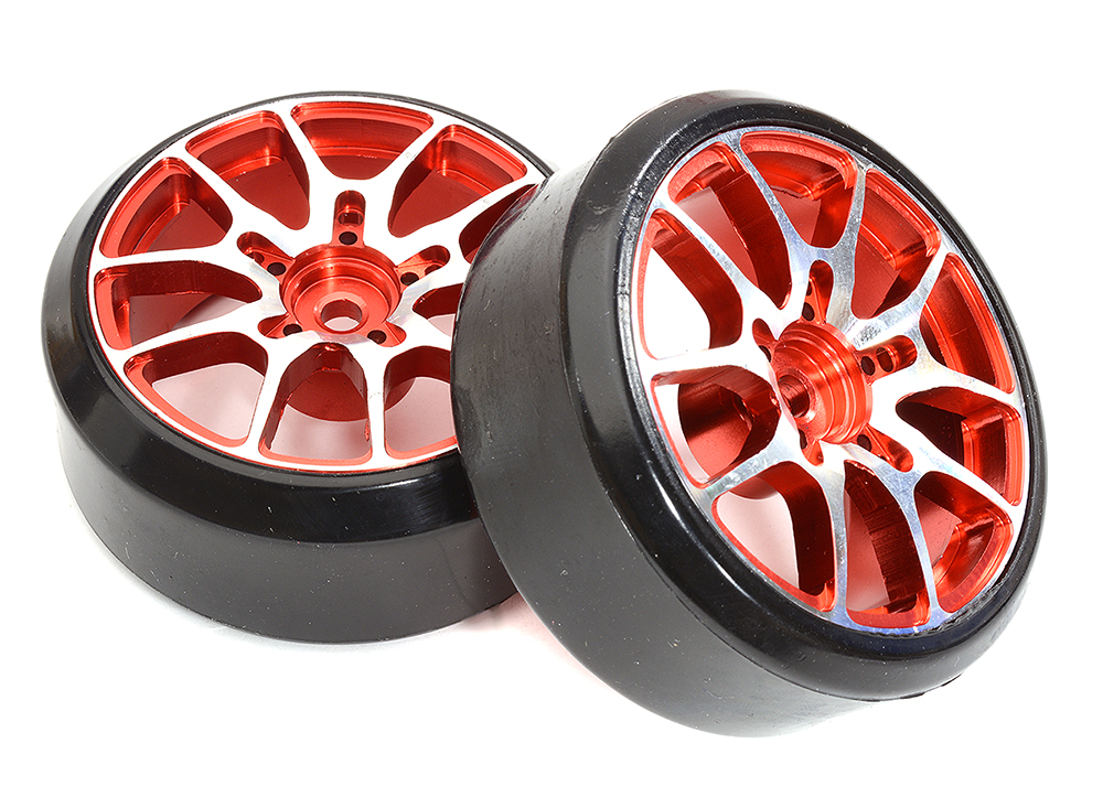 C32834RED Alloy Machined 10-Spoke Wheel & Tire Set (2) for 1/10 Drift W=26mm Offset 3.5mm - Image 1