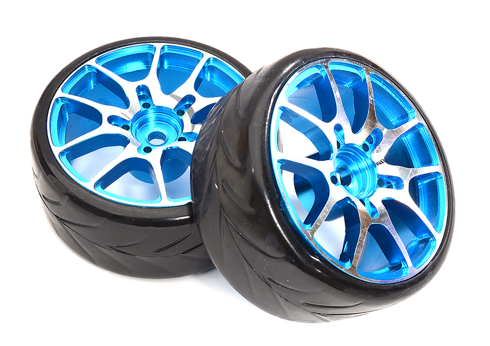 C32835BLUE Alloy Machined 10 Spoke Wheel & Tire Set (2) for 1/10 Drift W=26mm Offset 3.5mm - Image 1
