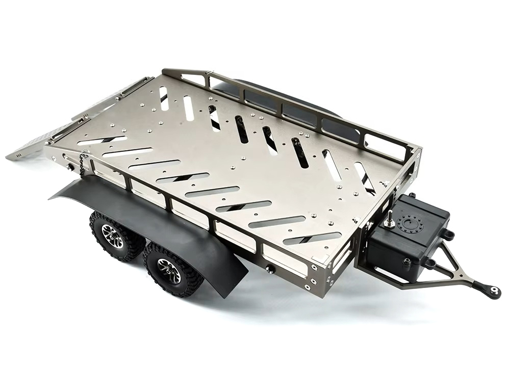 C33825GUN Machined Alloy Dual Axle Flatbed RC Car Trailer Kit, Silver, 1/16-1/18 Scale - Image 1