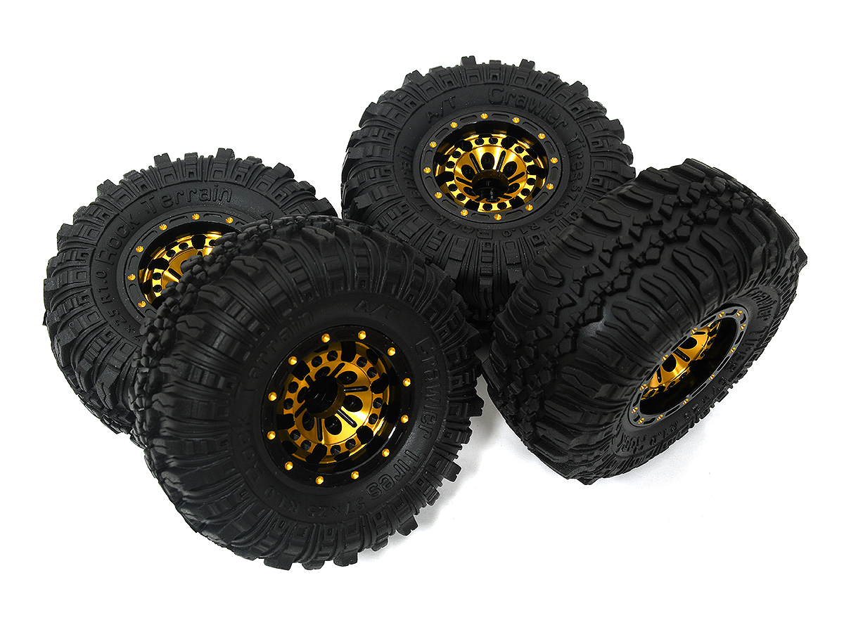 C33958GOLD Alloy 1.0 Wheel (4) w/ Rubber Tires for TRX-4M & SCX24 O.D.=57mm 9869 - Image 1