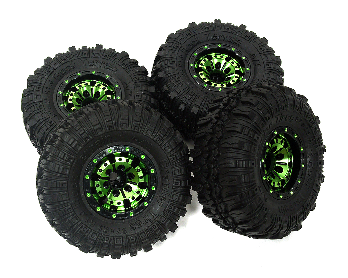 C33958GREEN Alloy 1.0 Wheel (4) w/ Rubber Tires for TRX-4M & SCX24 O.D.=57mm 9869 - Image 1