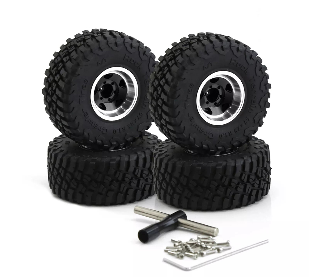 C33960BLACK Alloy 1.0 Wheel (4) w/ Rubber Tires for TRX-4M & SCX24 O.D.=57mm 9869 - Image 1