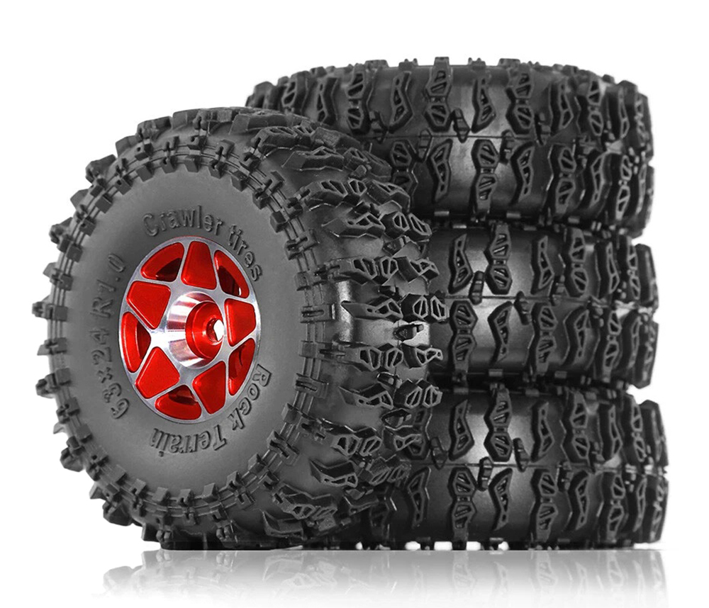 C33963RED Alloy 1.0 Wheel (4) w/ Rubber Tires for TRX-4M & SCX24 O.D.=63mm 9869 - Image 1