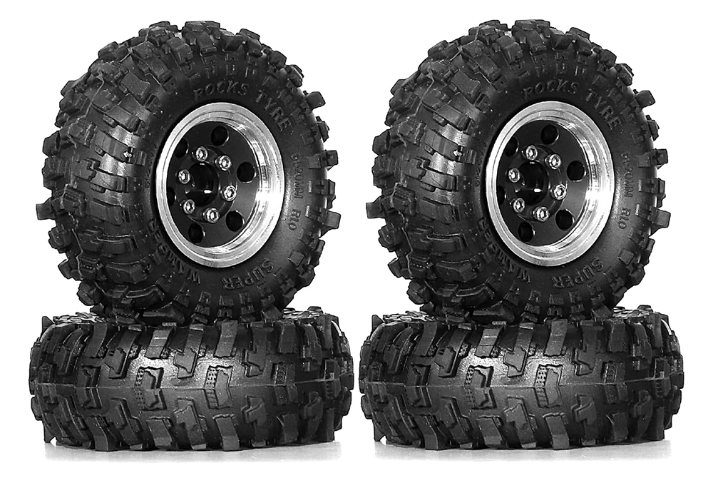 C33964BLACK Alloy 1.0 Wheel (4) w/ Rubber Tires for TRX-4M & SCX24 O.D.=51mm 9869 - Image 1