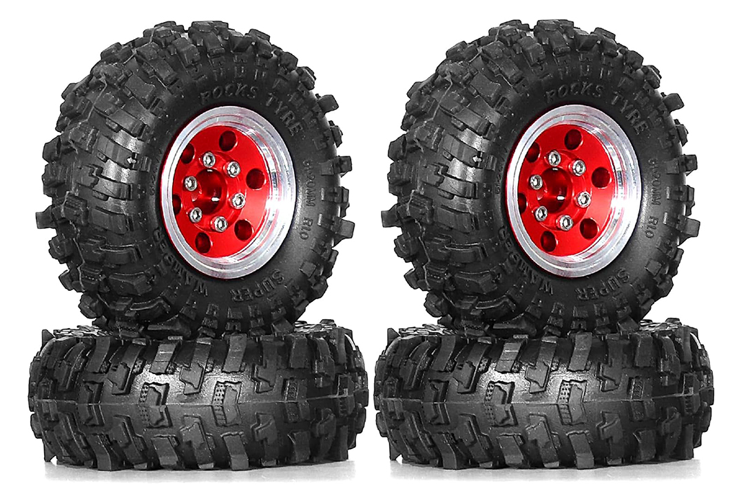 C33964RED Alloy 1.0 Wheel (4) w/ Rubber Tires for TRX-4M & SCX24 O.D.=51mm 9869 - Image 1