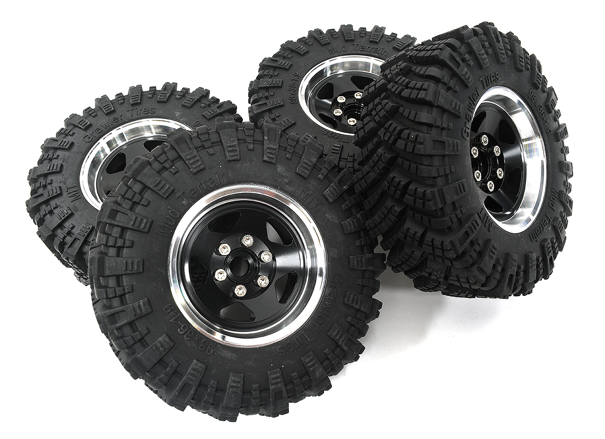 C33990BLACK Billet Machined 5 Spoke 1.9 Wheel & Tire Set (4) for Scale Crawler (O.D.=98mm) - Image 1