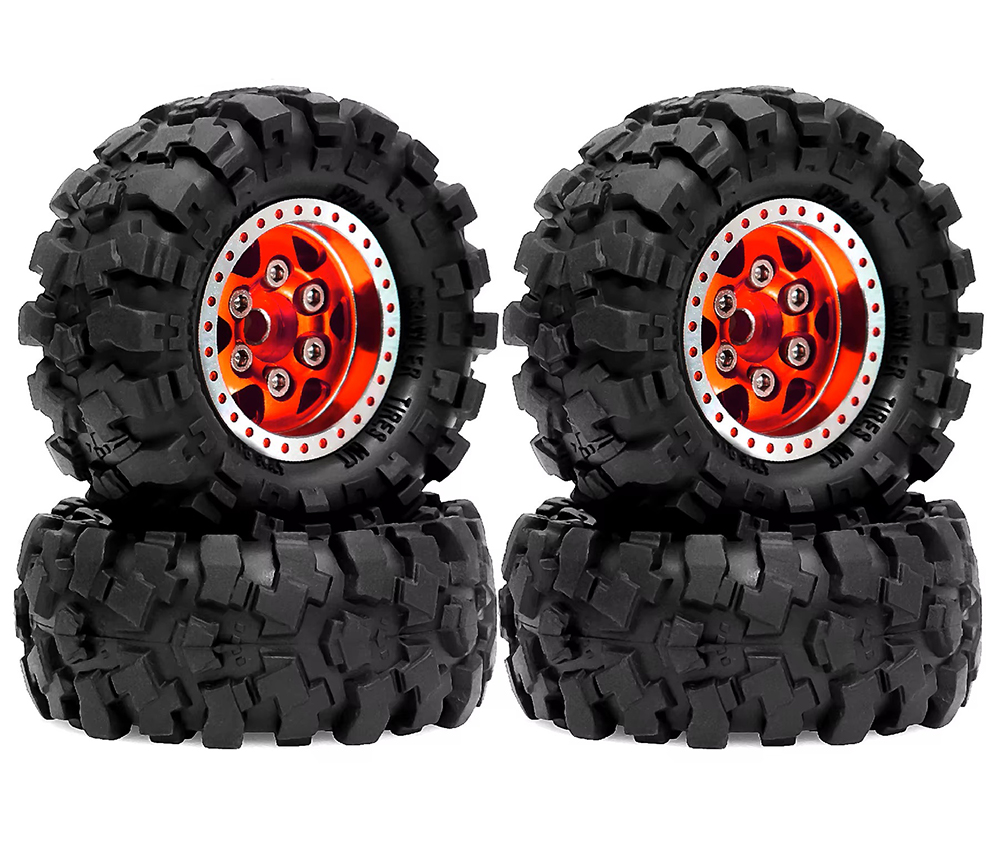 C34025RED Alloy 1.0 Wheel (4) w/ Rubber Tires for TRX-4M & SCX24 O.D.=57mm - Image 1