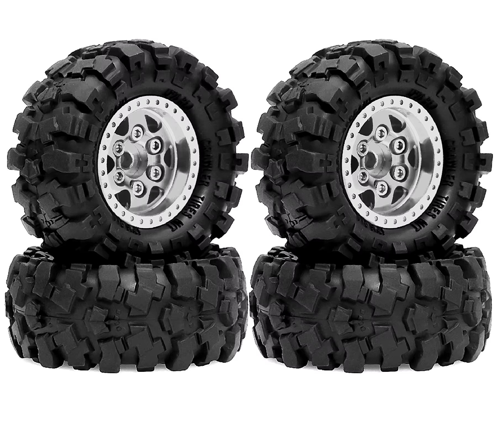 C34025SILVER Alloy 1.0 Wheel (4) w/ Rubber Tires for TRX-4M & SCX24 O.D.=57mm - Image 1